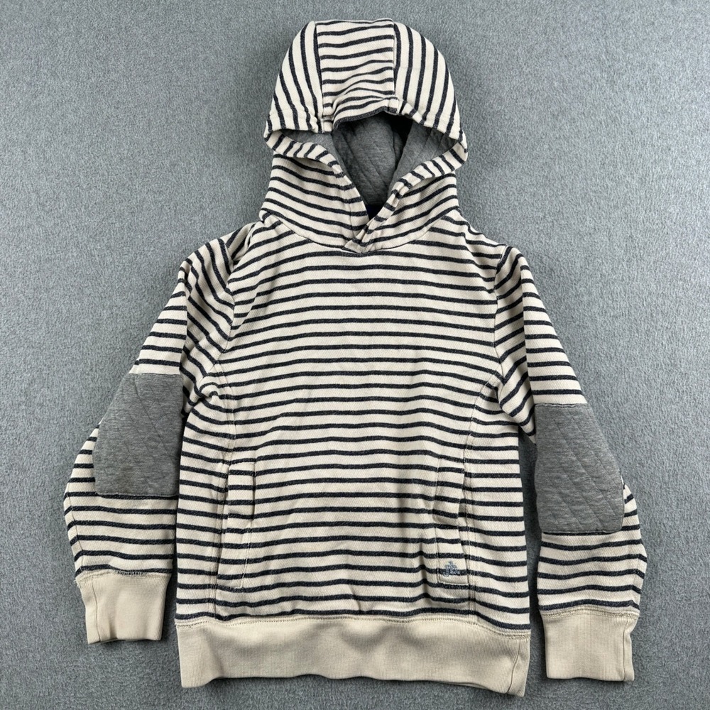 Johnnie B Hoodie Boys 7-8Y Cream Blue Striped Pullover Quilted Elbow Patches